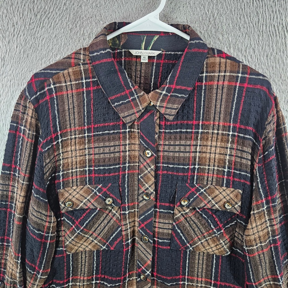 John Mark Womens XL Plaid Floral Mixed Media Button Down Shirt Textured Top Brwn - Picture 4 of 11